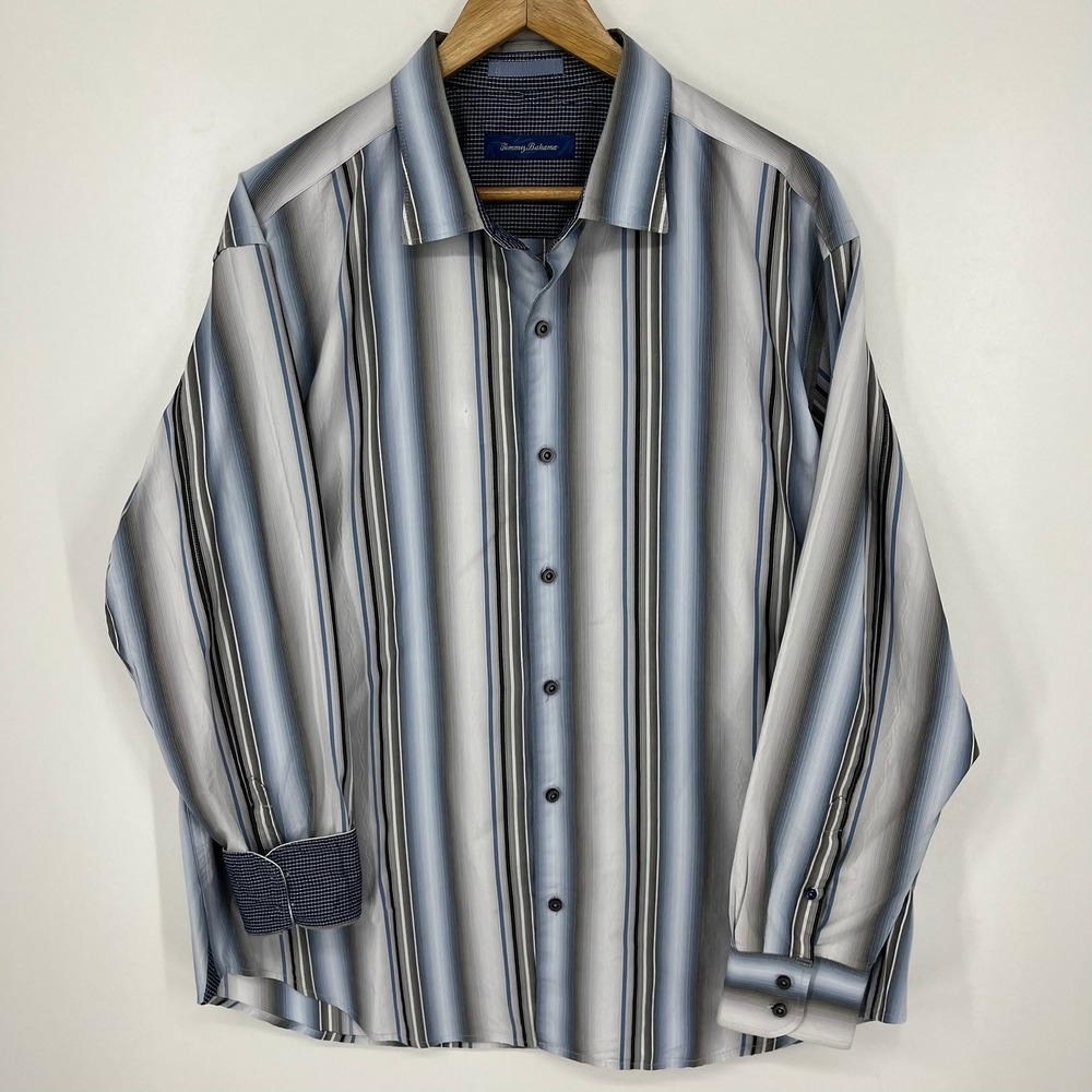 Tommy Bahama Mens XL Blue Grey Striped Cotton Silk Blend Button Down Shirt